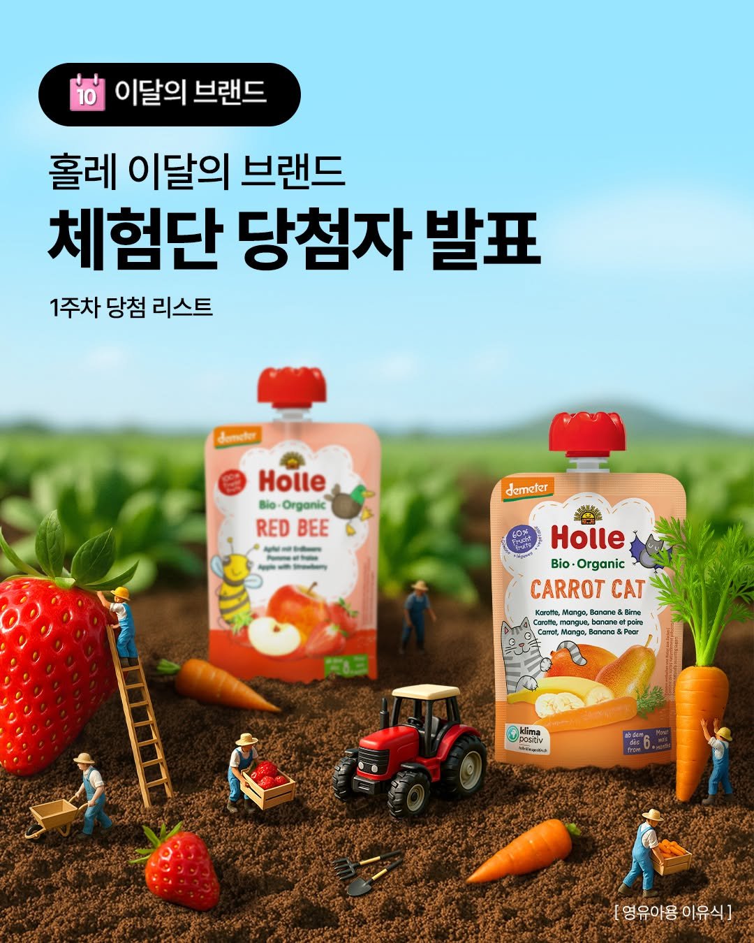 Photo shared by : 쁘띠엘린 : 출산용품/출산준비/유아용품/육아용품 on September 30, 2025 tagging @hollekorea_official. May be an image of 1 person, vegetable and text that says 'To 이달의 브랜드 홀레 이달의 브랜드 체험단 당첨자 발표 1주차 당첨 리스트 domcter Holle Bio Organic RED BEE "ក""ិ demeter Holle Bio-Organic Bio CARROT CAT Kcroha, Manga, Banares andres BirTa cecoes- ongo, ang eO Manga, benane peeυ Mono Banana Poor oor Wma postiv n kima [영유아용 [영유아용이유식] 이유식]'.