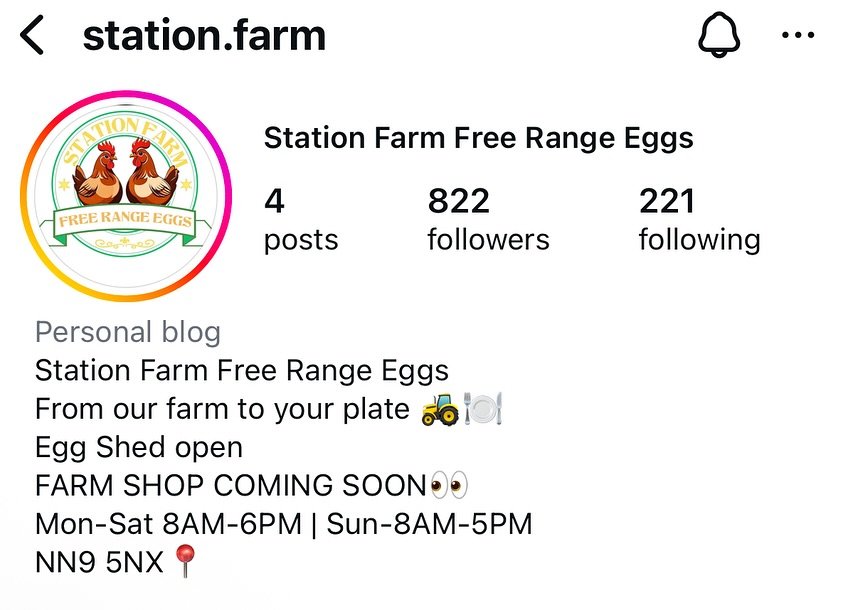 Photo shared by David Wheatley on November 15, 2025 tagging @station.farm. May be a Twitter screenshot of ‎egg yolk, Easter egg and ‎text that says '‎< station.farm STATLONPARY ARM FREERANGEEGGS FREE RANGE EGGS Station Farm Free Range Eggs 4 عمعمف posts 822 followers 221 following Personal blog Station Farm Free Range Eggs From our farm to your plate Egg Shed open FARM SHOP COMING SOONO SOON Mon-Sat 8AM-6PM 8AM- 6PM Sun-8AM-5PM 5PM NN9 5NX‎'‎‎.