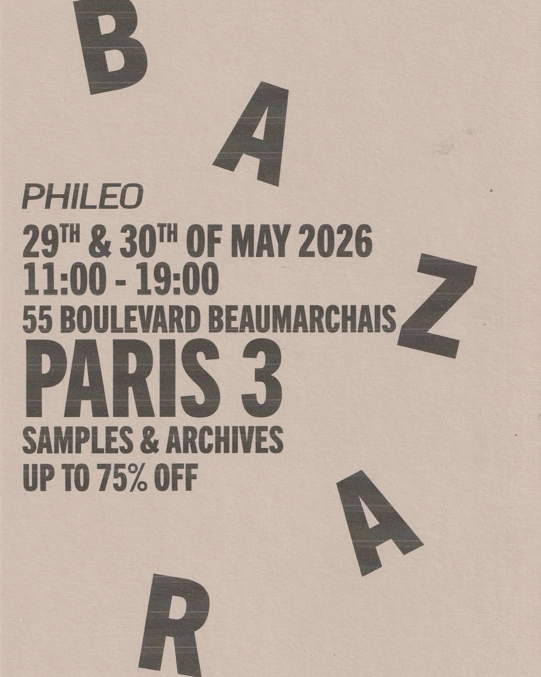 phileoparis 게시물 이미지: BAZAR, our annual sample & archive sale is...