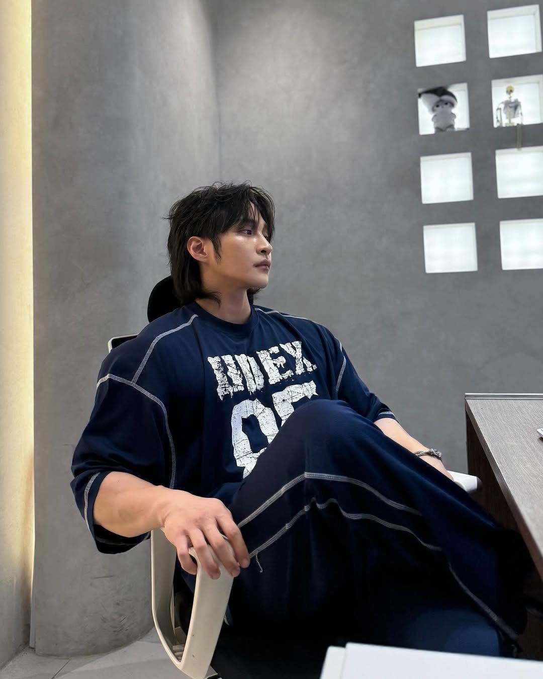 Photo shared by 조준 (Jun Cho) on June 28, 2025 tagging @hdex__official. May be an image of 1 person, biceps, sweatpants, top and text.