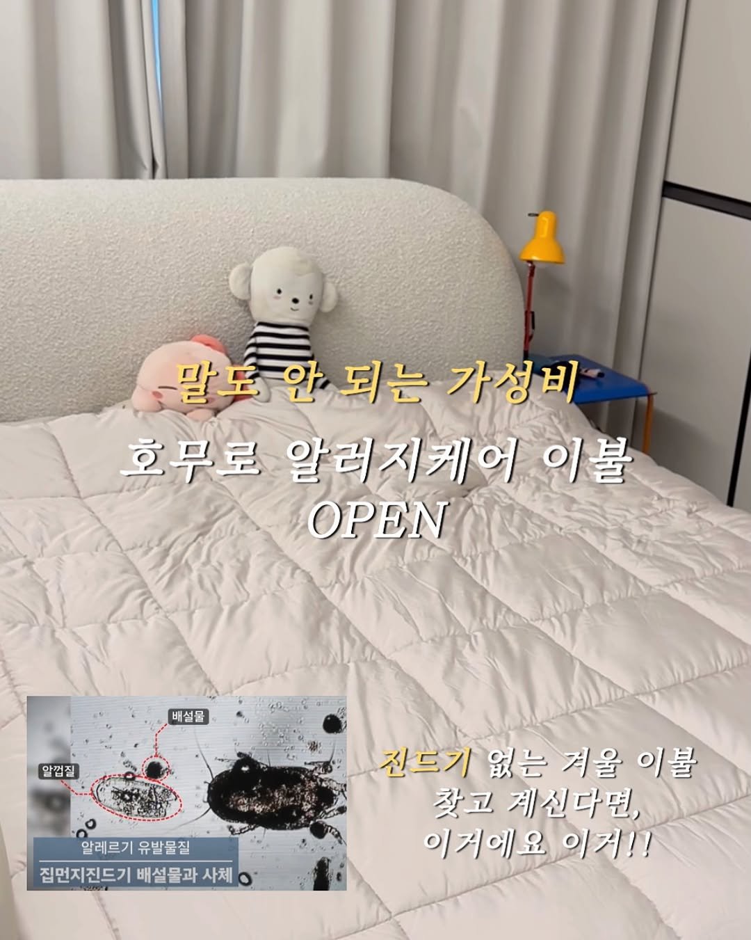 Photo by 큐레이터N 나해진 on November 12, 2025. May be an image of mattress, bedroom and text that says '말도 안 되는 가성비 호무로 알러지케어 이불 OPEN 배설물 알껍질 알레르기 알레르기유발물질 유발물질 집먼지진드기 배설물과 점먼지진드기배선물과사체 사체 진드기 없는 겨울 진드기없는겨울이불 이불 찾고 계신다면, 이거에요 이거에요이거!! 이거!!'.