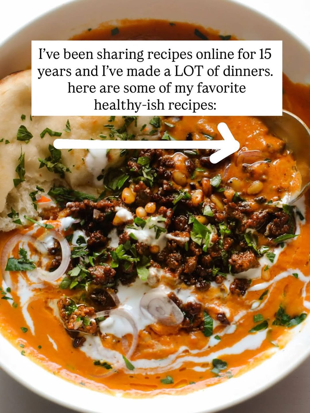 Photo by Lindsay Ostrom on March 21, 2026. May be an image of roe, soup, tomato, lentils and text that says 'I've been sharing recipes online for 15 years and I've made a LOT of dinners. here are some of my favorite healthy-ish recipes:'.