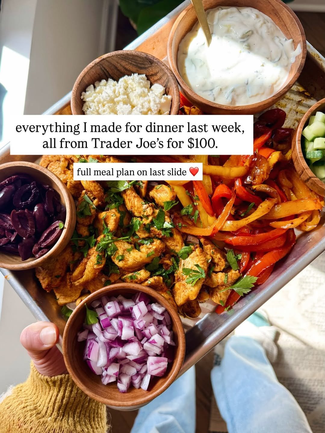 Photo by Lindsay Ostrom on March 28, 2026. May be an image of ‎cauliflower, yogurt and ‎text that says '‎あ س everything I made for dinner last week, all from Trader Joe's for $100. full meal plan on last slide‎'‎‎.