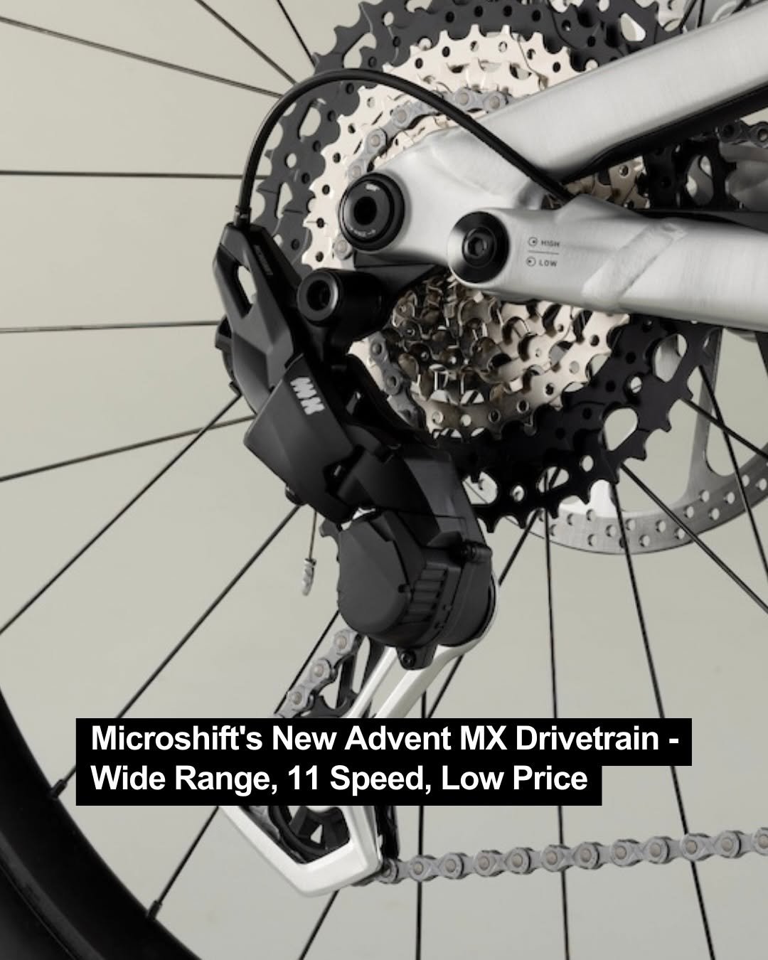 Photo by Pinkbike on February 25, 2026. May be an image of bicycle, wheel and text that says '0 © HISH LOW OW Microshift's New Advent M Drivetrain Wide Range, 11 Speed, Low Price'.