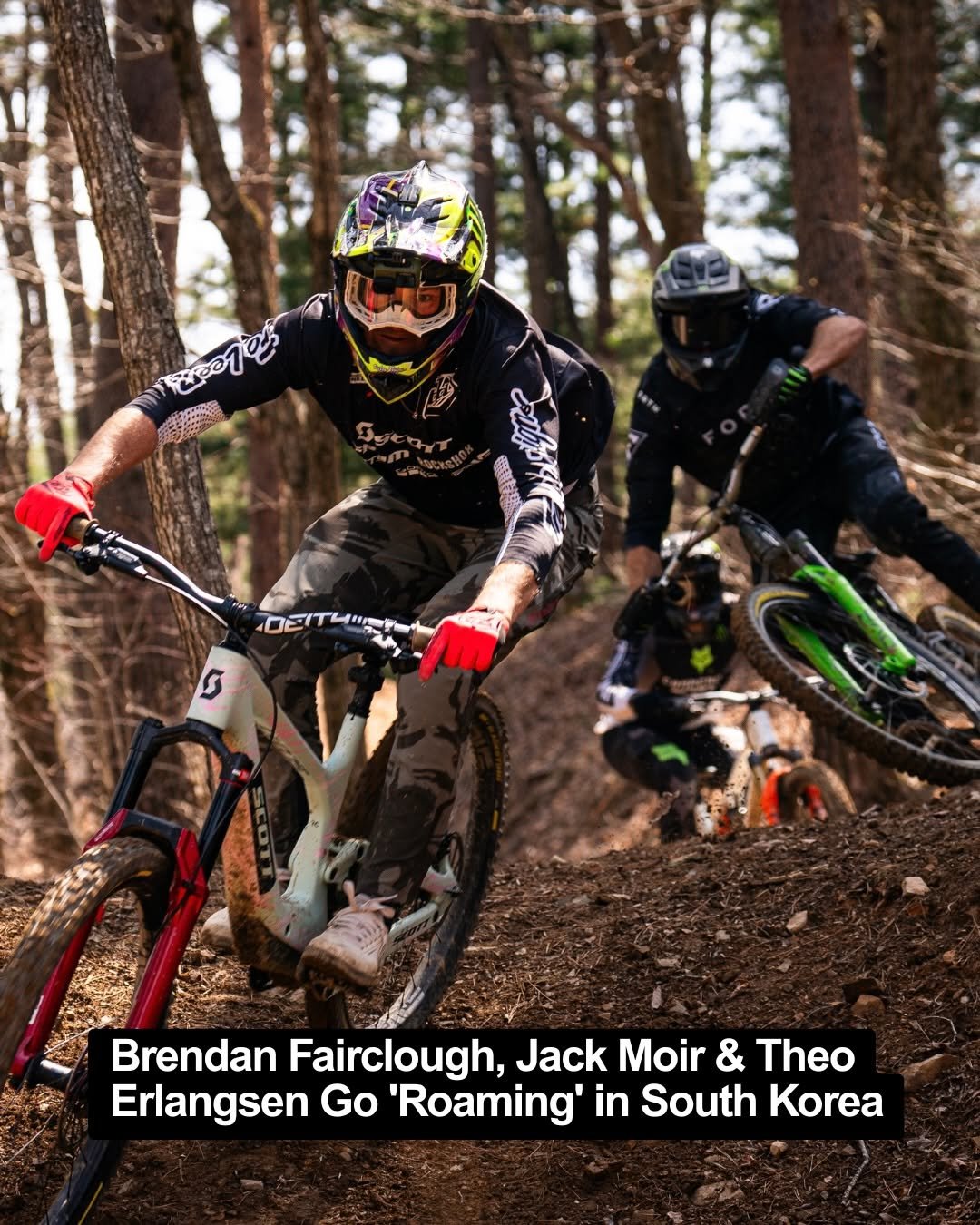 Photo by Pinkbike on April 27, 2026. May be an image of racing vehicles, bicycle, helmet and text that says 'ခြု့ထ 5 Brendan Fairclough, Jack Moir & Theo Erlangsen Go Roaming' in South Korea'.