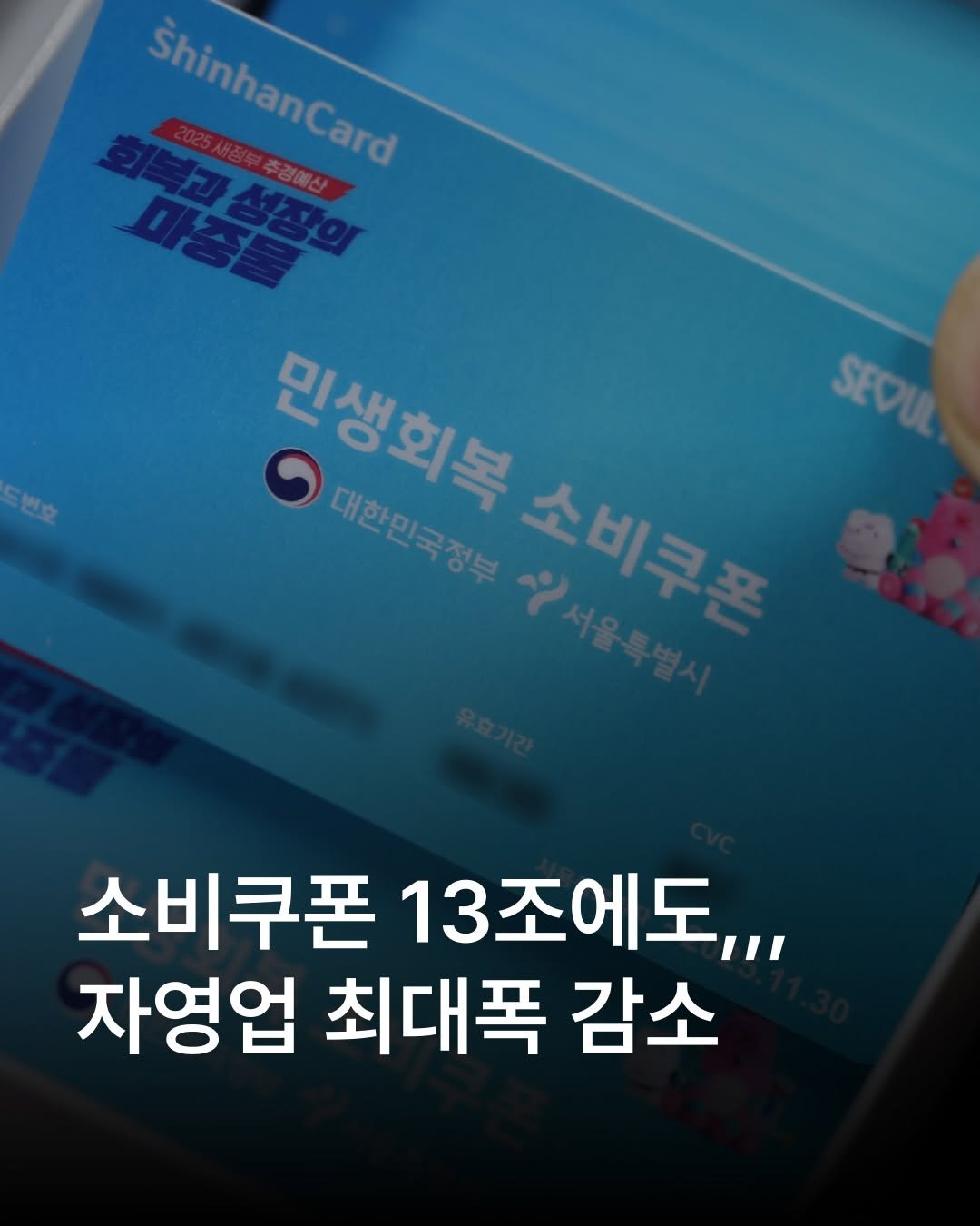 Photo by 자영업 연구소 on January 28, 2026. May be an image of card and text that says 'ShinhanCard shinhanCard 마줌물 복과성장의 DS መ ๑ 민생회복 인생회복 대한민국정부 대한민국경원 소비두 손비쿠 SEDI 소비쿠폰 13 13조에도, 자영업 최대폭 감소'.
