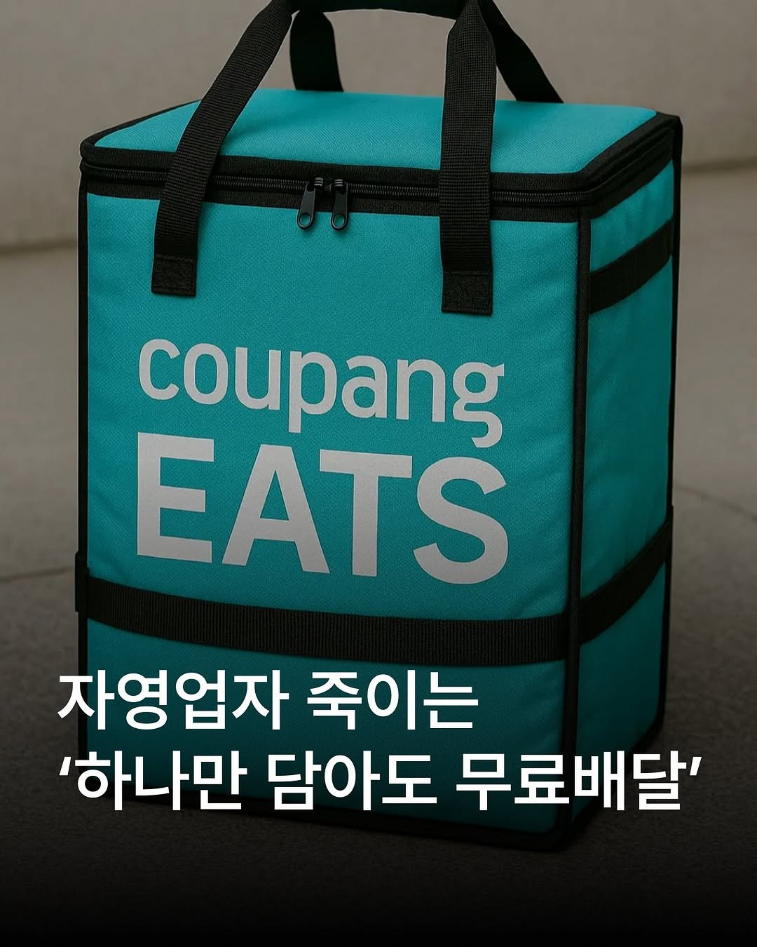 Photo by 자영업 연구소 on August 07, 2025. May be an image of text that says 'coupang EATS 자영업자 죽이는 '하나만 담아도 무료배달''.