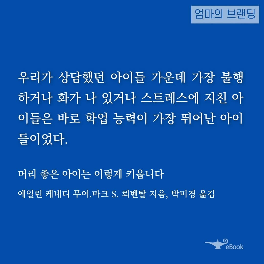 Photo by 엄마의 브랜딩(Re:Studio) on September 26, 2025. May be an image of text that says '엄마의 브랜딩 우리가 상담했던 아이들 가운데 가장 불행 하거나 화가 나 있거나 스트레스에 지친 아 이들은 바로 학업 능력이 가장 뛰어난 아이 들이었다. 머리 좋은 아이는 이렇게 키옵니다 에일린 케네디 무어. 무어.마크 마크 S. 뢰벤탈 지음, 박미경 옮김 ១ eBook'.