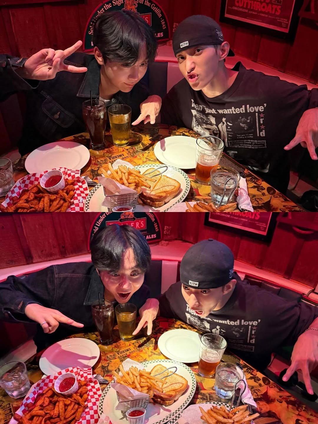 Photo shared by 도겸 on October 18, 2025 tagging @pledis_boos. May be an image of fish and chips, french fries and text that says 'Aerthe LUTTHROATS AITH yunat wanted wantedlo love' Inder ld α SER'S ALES INUATS KITH የግርጫርት 한이로 wanted wantedlove love''.