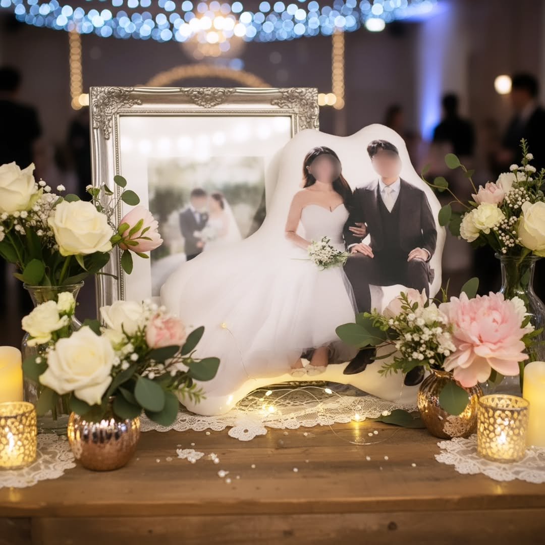 Photo by 퐁실퐁실 선물가게 | 주문제작선물/포토인형 on December 02, 2025. May be an image of wedding cake, candle holder, picture frame, bouquet, flower arrangement, baby's-breath, amaranth and wedding.