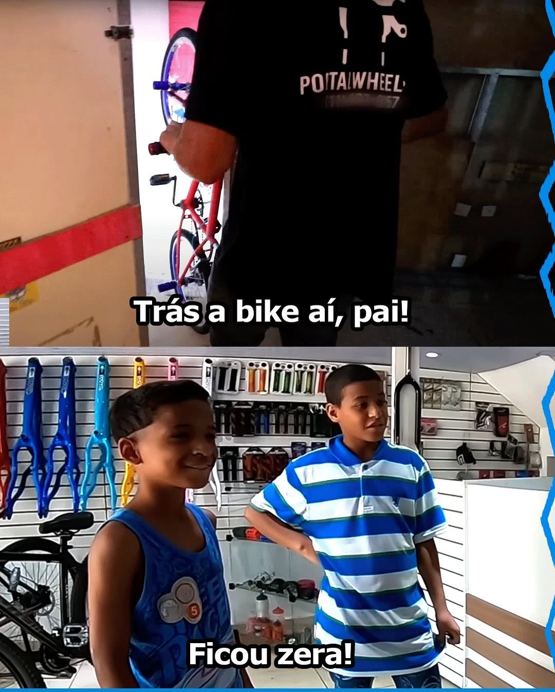Photo shared by Portal Wheeling on July 30, 2025 tagging @hudsonudg. May be an image of 3 people, bicycle, skateboard, scooter, sports equipment and text that says 'I PO TAIWHEEL POITAIWHEEL TA Trás a bike aí, pai! ピー Ficou Ficouzera! zera!'.