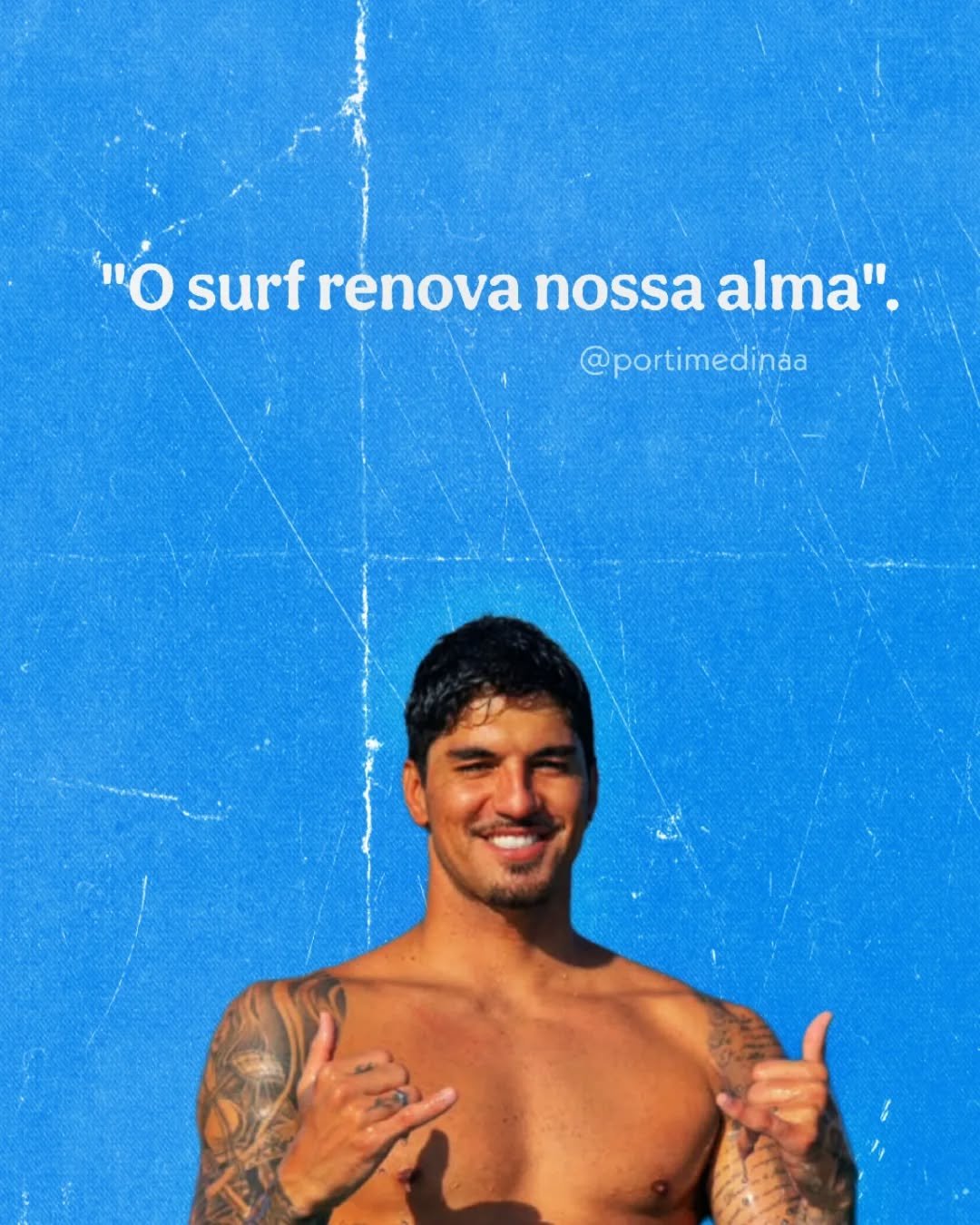 Photo by 𝙂𝙖𝙗𝙧𝙞𝙚𝙡 𝙈𝙚𝙙𝙞𝙣𝙖 | 𝙁𝙖𝙣 𝙋𝙖𝙜𝙚 in Fernando de Noronha with @gabrielmedina, and @renatotinoco. May be an image of skateboard, poster, wetsuit, top, outdoors and text that says '"O surf renova nossa alma". @portimedinaa'.