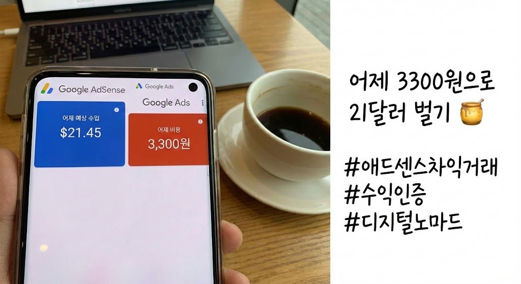 Photo by 이재형 | 포스트인컴 on December 10, 2025. May be an image of text that says 'Google AdSense ٨ Google Ads 어제 어제에상수입 에상 수입 $21.45 Google Ads 어제비용 어제 이용 3,300원 어제 3300원으로 21달러 벌기 #애드센스차익거래 #수익인증 #디지털노마드'.