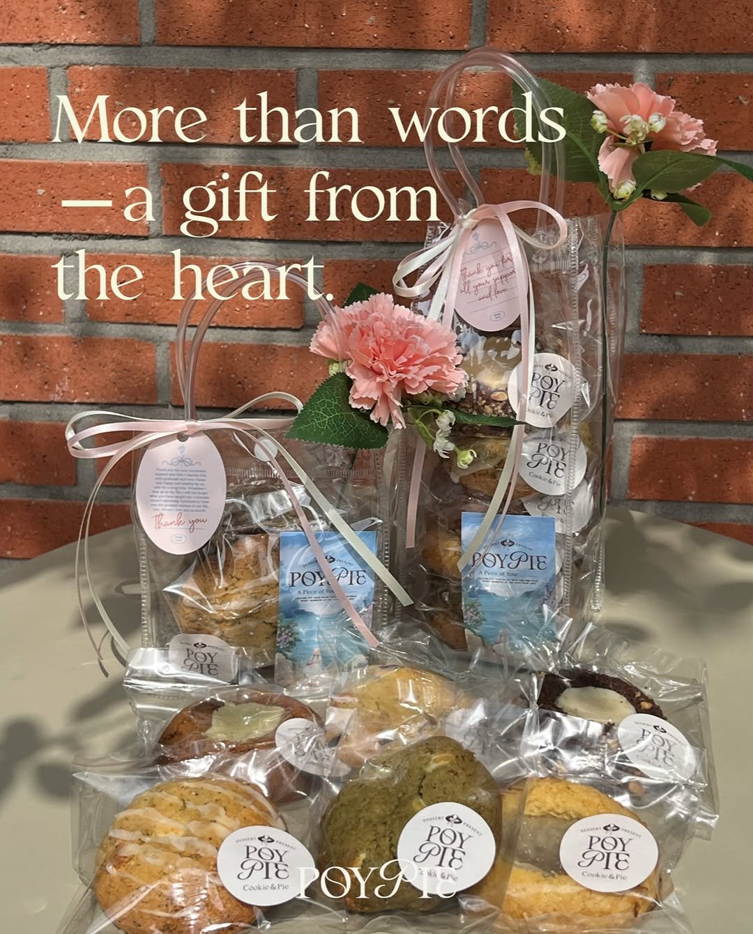 Photo shared by 동탄카페 POYPIE_포이파이 | 동탄디저트 동탄쿠키 동탄케이크 on April 12, 2026 tagging @poy_pie_shop. May be an image of ‎oatmeal cookies, crumbcake, cookies, hamper, basket and ‎text that says '‎More than words -a gift from the heart. ਉত Thank PO! PO.PI8 PI8 ΡΟΥΡΙε POY ٢ه PIÈ POY OYg ΕAPΝ る daGNE Ge PIS Coukee&to मह ٢ه M PIS ロ POY Cakie&Pie &Pc‎'‎‎.