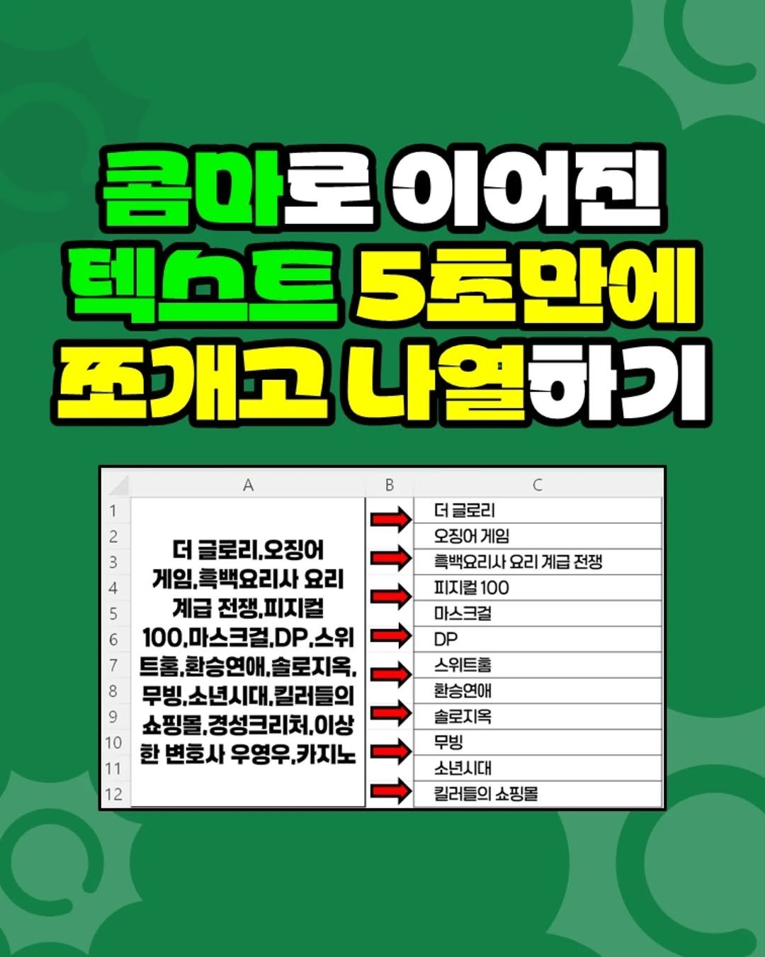 Photo by 팀장님의 마음을 저격하는 사냥꾼 💕 on February 05, 2026. May be an image of text that says '콤마로 이어진 텍스트 5초만에 压み卫 나열하기 A 1 2 3 B C 4 5 6 7 8 더 더글로리,오징어 게임, 게임,흑백요리사요리 백요리사 요리 계급 전쟁,피지컬 100,마스크걸,DP.,스위 트홀,환승연애.솔로지옥, 무빙,소년시대.킬러들! 년시대.킬 의 쇼핑들 .경성크리처,이상 한 변호사 우영우,카지노 우영우. 9 더글로리 오징어 게임 특백요리사 요리 계급 전쟁 피지컬 100 마스크걸 DP 스위트홈 한승연애 솔로지옥 무빙 소년시대 킬러들은 킬러들의쇼핑몰 의 쇼핑돌 10 11 12'.