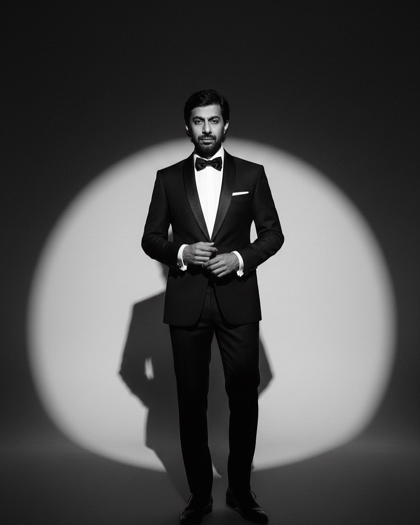 Photo by Praveen Bhat Photography on September 24, 2025. May be a black-and-white image of 1 person, beard, bowtie, suit, dinner jacket, blazer and text.