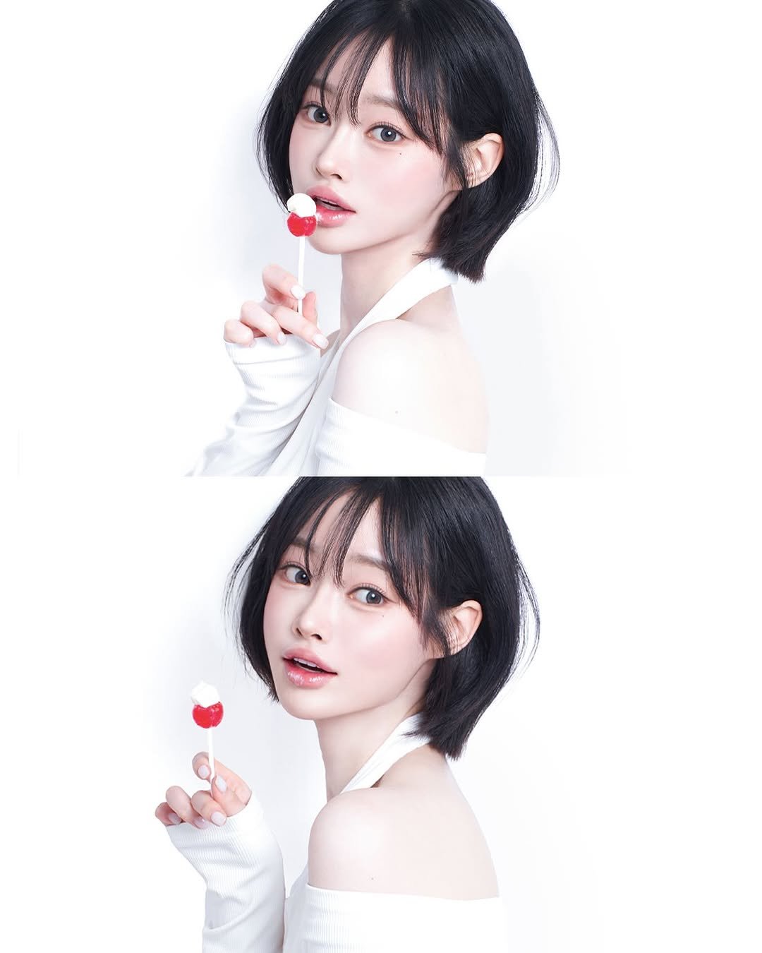 Photo shared by 프레피 스튜디오(압구정로데오사진관⋅서면사진관⋅증명사진) on July 26, 2025 tagging @preppy_studio. May be an image of 2 people, makeup, hair, lollipop and text.