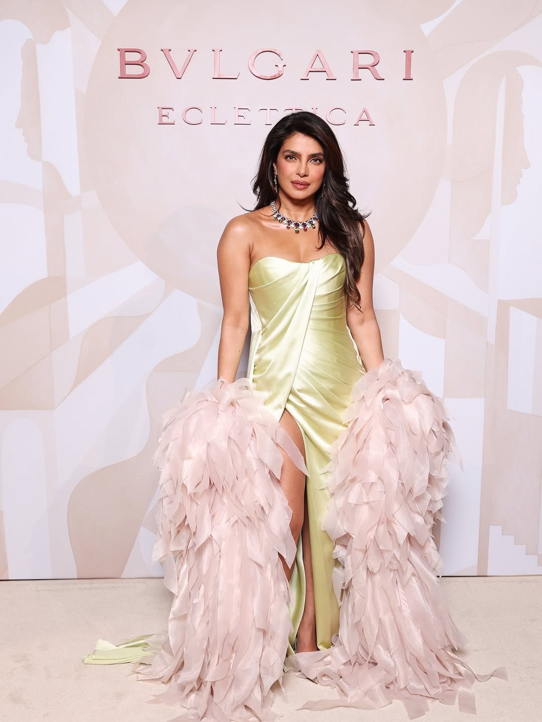 Photo shared by Priyanka on March 26, 2026 tagging @bvlgari. May be an image of gown, dress and text that says 'BVLCARI ARI ECLETTNCA CA ECLET'.