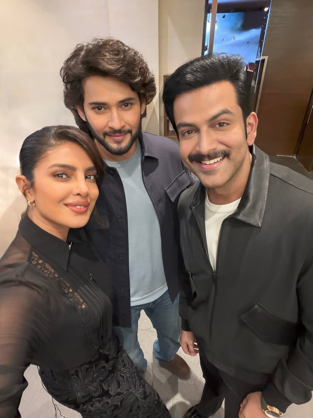 Photo shared by Priyanka on November 17, 2025 tagging @therealprithvi, and @urstrulymahesh. May be a selfie of one or more people, beard, makeup, people smiling and text.