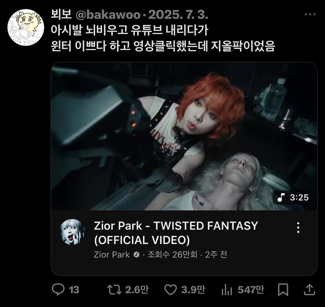 Photo by 정신병 모음집 on August 01, 2025. May be a Twitter screenshot of 2 people, bangs, top and text that says '뵈보 @bakawoo @bakawoo.2025.7.3 2025. 아시발 뇌비우고 유튜브 내리다가 원터 이쁘다 하고 영상클릭했는데 지올파이었음 UVLcP 3:25 Zior Park- TWISTED ZiorPark-TWISTEDFANTASY FANTASY (OFFICIALVIDEO) (OFFICIAL VIDEO) Zior Park 조회수 26만회 2주 전 13 소고2.6만 2.6만 3.9만 ılil 547만'.