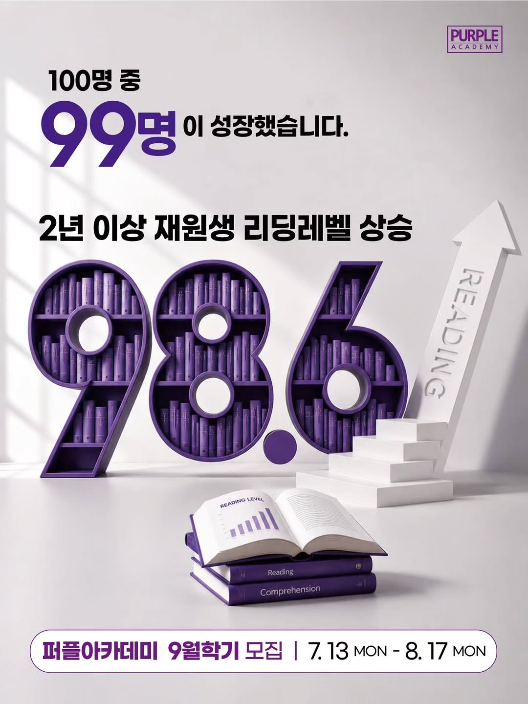 purpleacademy1 게시물 이미지: 1️⃣0️⃣0️⃣명 중 9️⃣9️⃣명이 성장한 온라인 영어학원이...