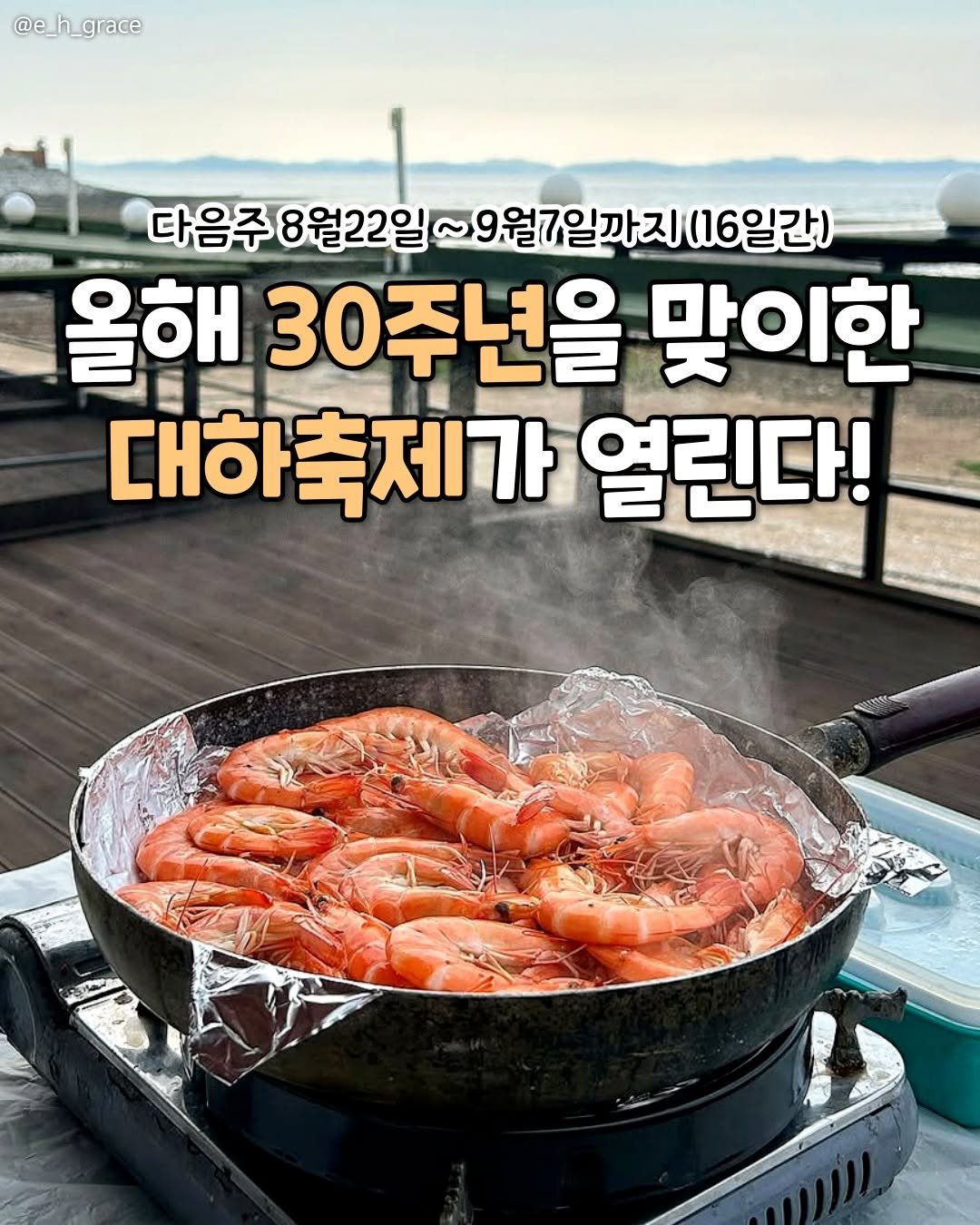 Photo by 평택맛집 평택카페 평택데이트 안성맛집 안성카페 안성데이트 on August 16, 2025. May be an image of grill, shrimp, prawn and text that says '@e_h_grace 다음주 8월22일 ~9월7일까지 음주8월22일~9월7까지(16일간) (16일간) 올해 30주년을 맞이한 대하 대하축제가 제가 열린다!'.