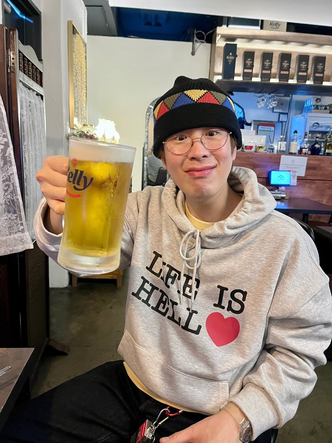 Photo by P.O on March 16, 2026. May be an image of beer and text that says 'Killy P HELL L HE LFE IS c'.