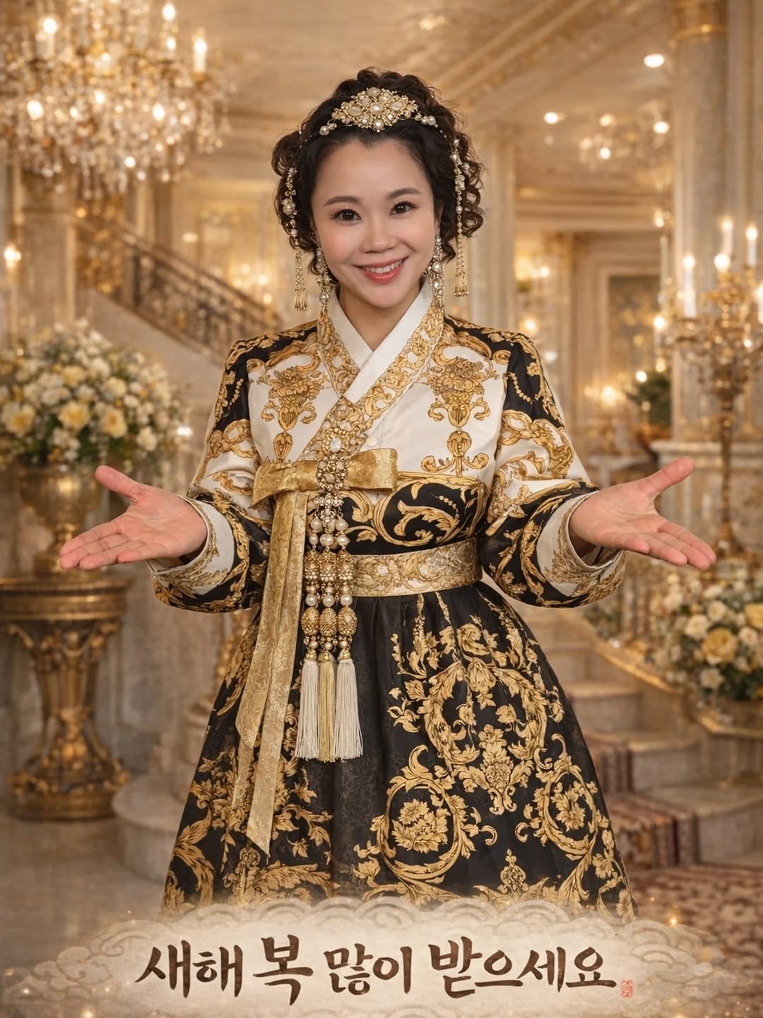 Photo by 개그우먼 현정 & 숏플레이 인스타그램 on December 31, 2025. May be an image of dress, costume and text that says '새해복. 새해 복 많이 받으세요'.