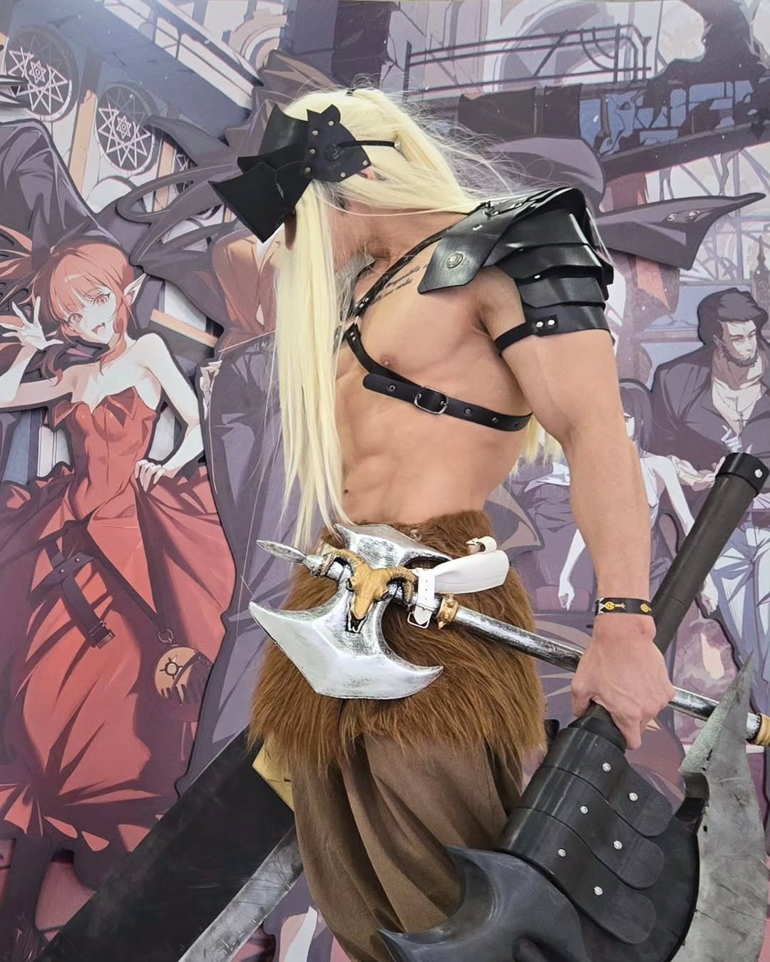 Photo shared by 이 상현 (박하) on November 23, 2025 tagging @atlantic_0x0. May be an anime-style image of hammer, sword, costume, axe, kilt and text.