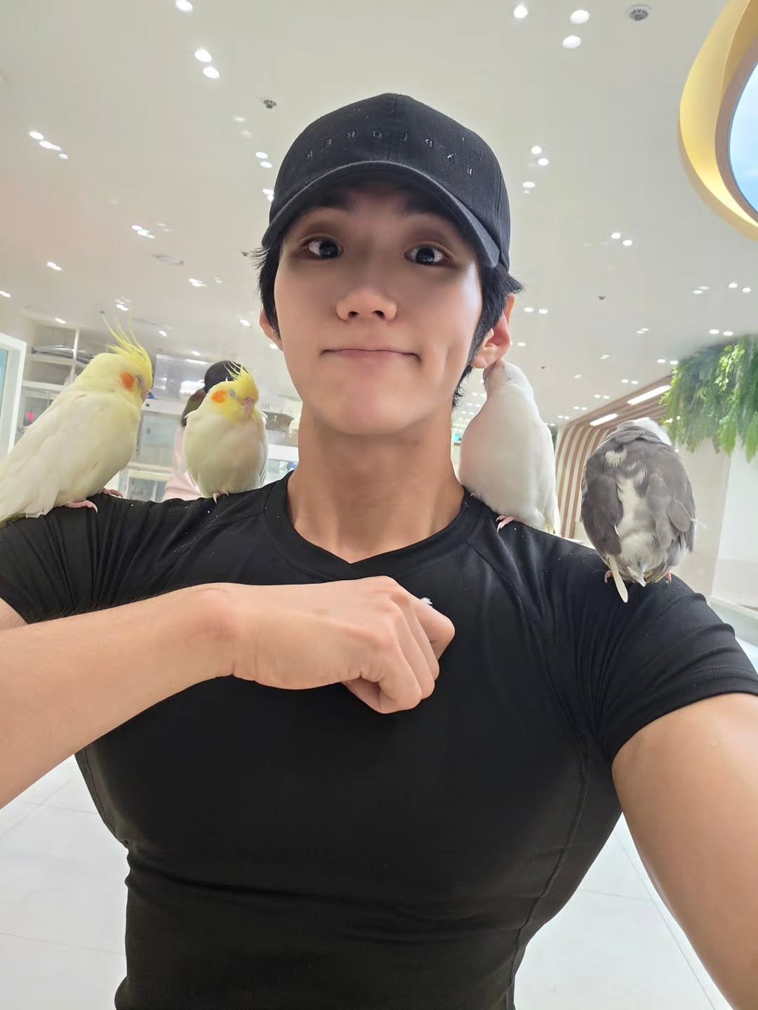 Photo shared by 이 상현 (박하) on September 18, 2025 tagging @marienzoo_cafe. May be an image of 1 person, parrot, budgie, macaw and text.
