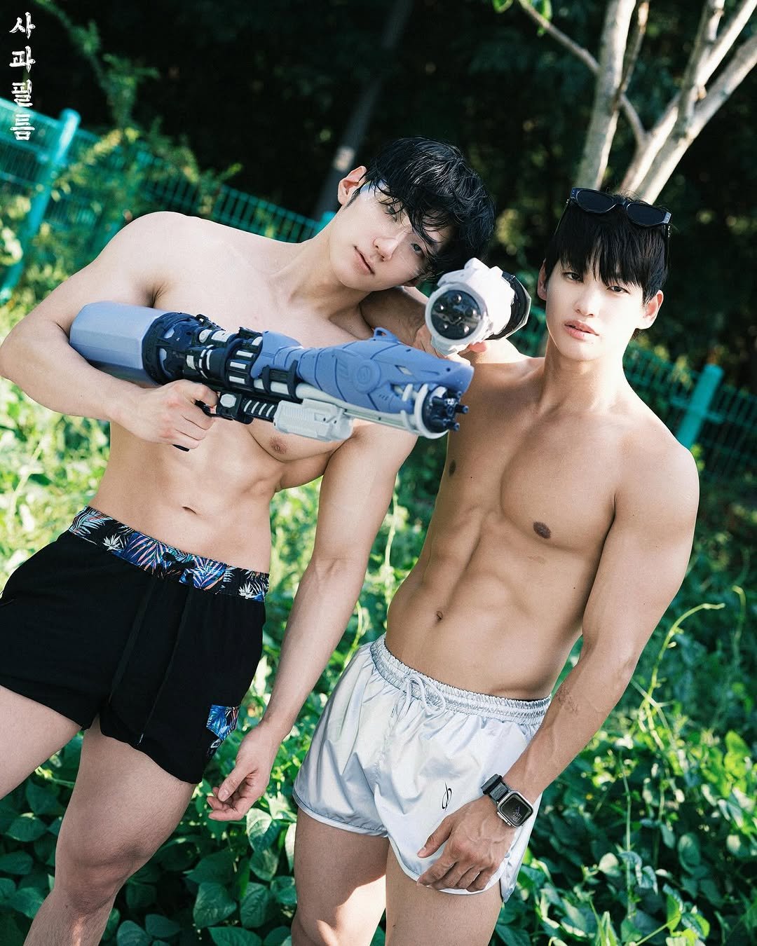 Photo shared by 사과필름 on August 17, 2025 tagging @1f_okey, @apple_film0418, and @qkrgktkxks. May be an image of 2 people, biceps, underwear, shorts and text.