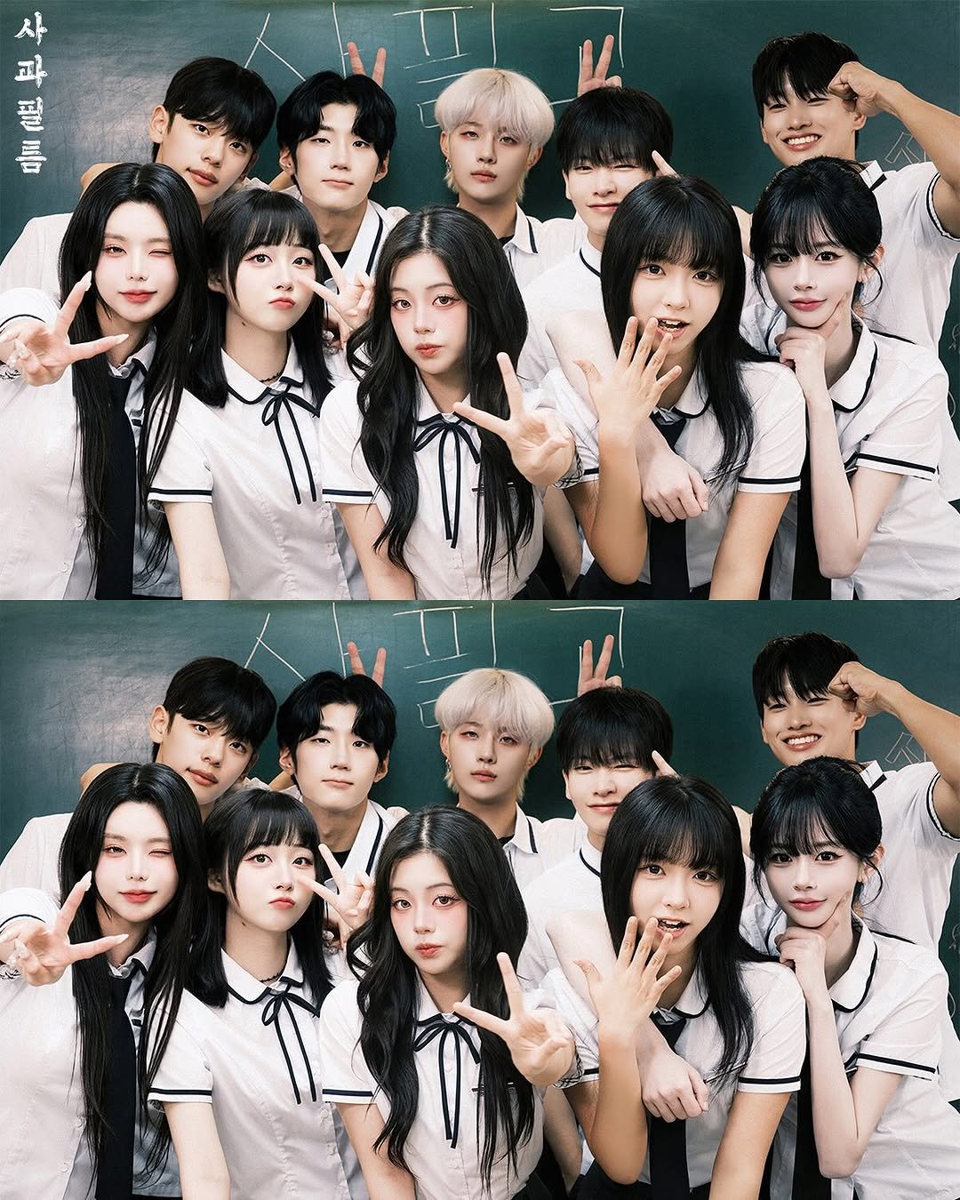 Photo shared by 사필고등학교 on September 09, 2025 tagging @jindol._.2, @1f_okey, @kwinng_, @gato_0901, @hyezzi0801, @_aeri_kim__, @flowater_0414, @leesiwoo1019, @yunnie.8, @malang_khieu, @apple_film0418, @dlghksh, @qkrgktkxks, @real._.kikiiii, @myfaceisbest, @kane_ing, @1cut.pic, and @sapil_highschool. May be an image of 13 people, bangs and text that says '사 파 필 틈'.