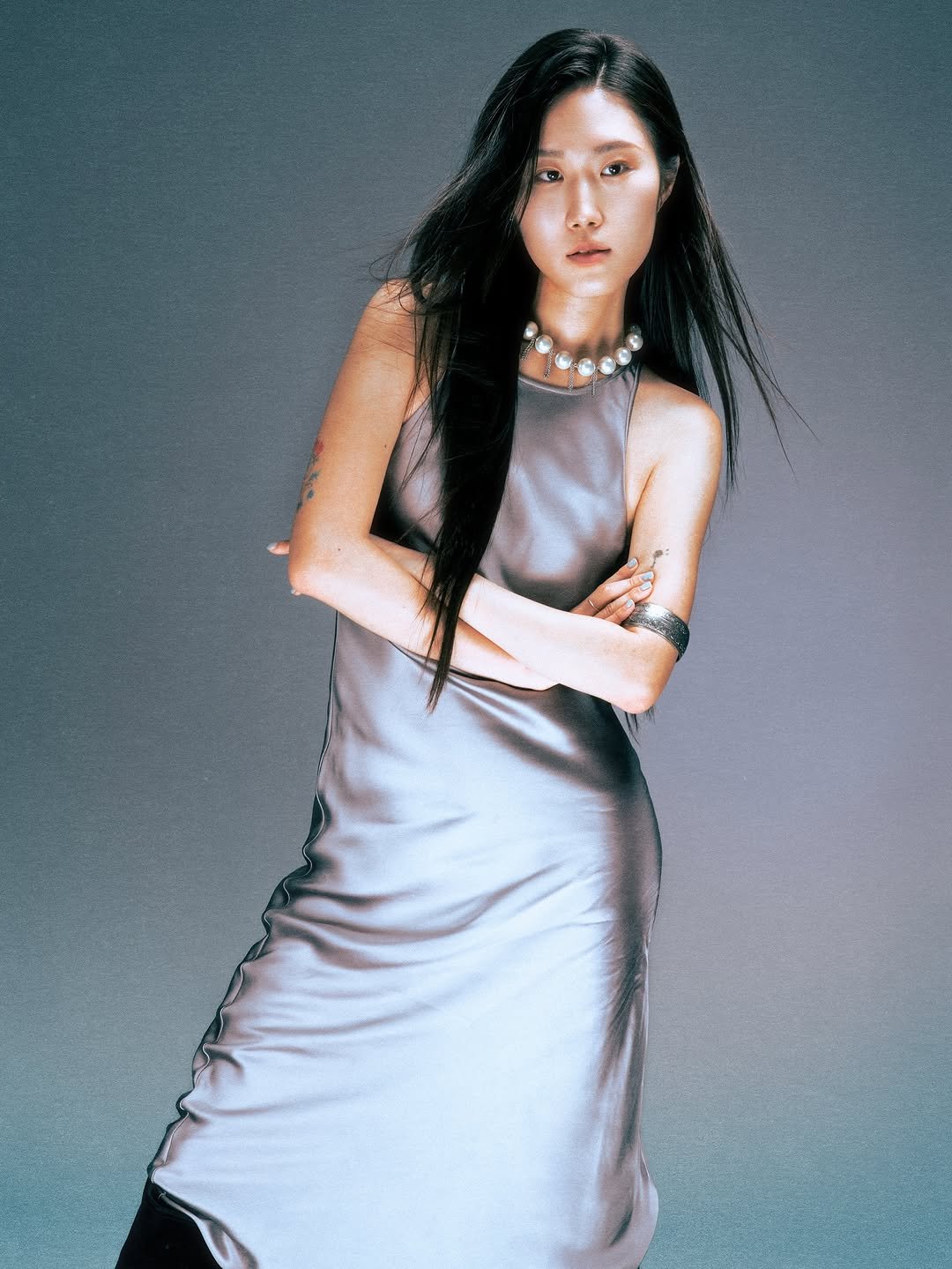 Photo shared by 소연 Soyeon on August 01, 2025 tagging @fayper_. May be an image of 1 person, makeup, hair, dress and text.