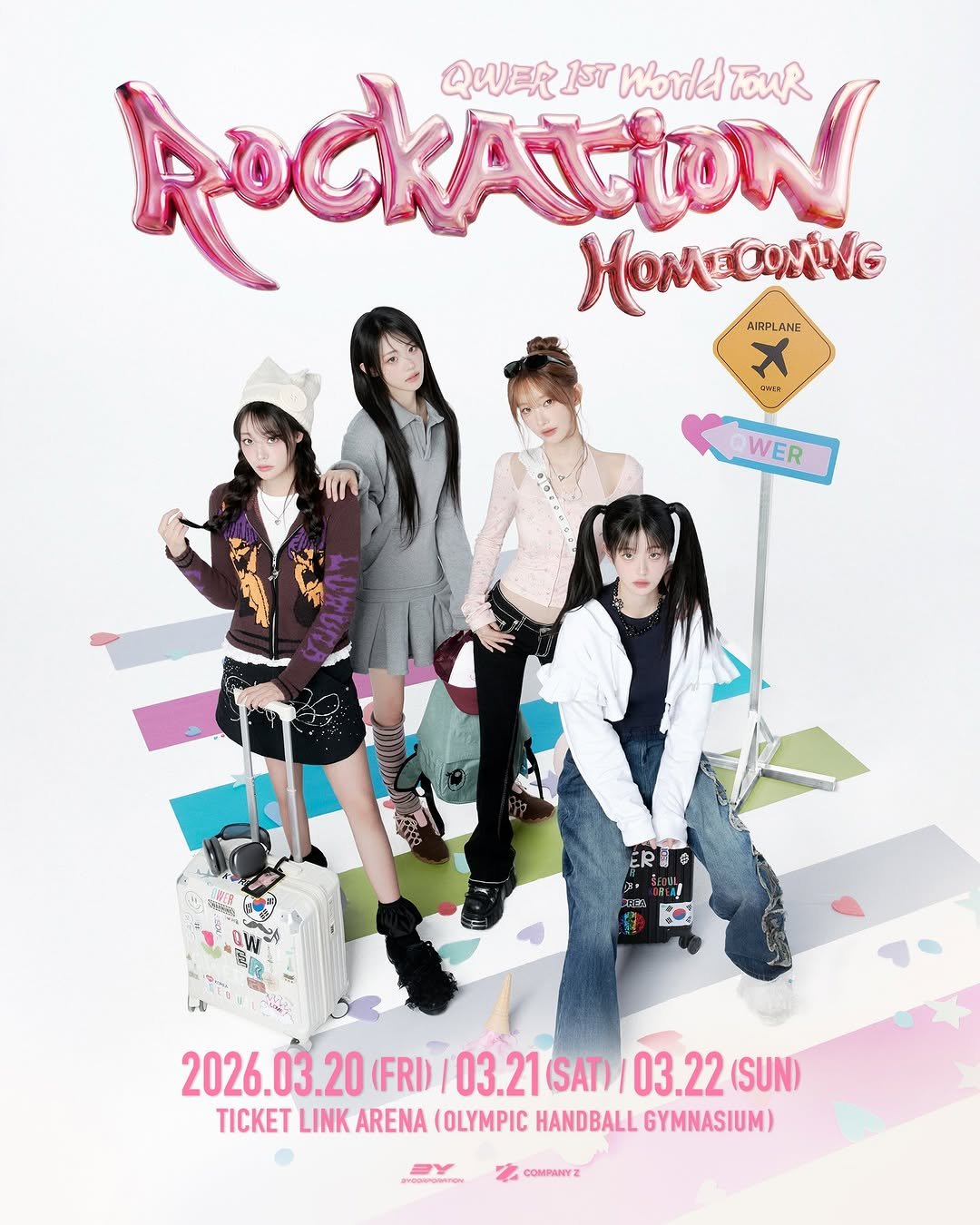 Photo by QWER on February 13, 2026. May be an image of poster and text that says 'RodkANtoN QWER 1ST ALtON world TouR HomRcoHe LECOMNG HOM AIRP AJRPLANE ANE X ニクL4 WER WER R o โย ERE 8국, 2026.03.20 2026. 20 (FRD) 03.21(SAT) (SAT) 03.22 (SUN) TICKET LINK ARENA (OLYMPIC HANDBALL GYMNASIUM) PradaraenG COMPANYZ'.