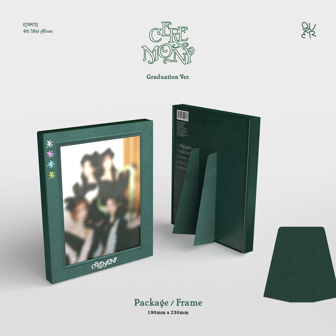 Photo by QWER on April 17, 2026. May be an image of poster, picture frame, book and text that says ': 4Mxg 4快 อุพย Mz 해. C MONY 災 ER Graduation Ver. 恭 ￥ 米 水 米 * c4Ama Pфe Packağe/Frame Frame 190mm 190mmx250mm 2 250mm'.