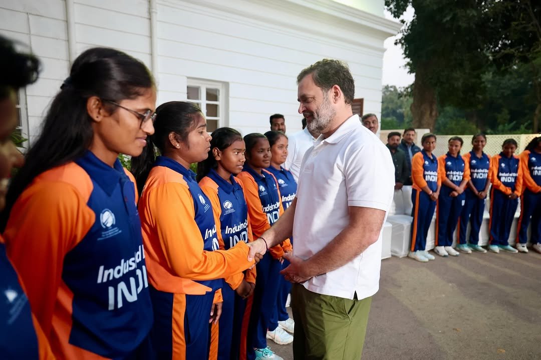 Photo shared by Rahul Gandhi on November 26, 2025 tagging @incindia, and @indianblindcricketteam. May be an image of text.