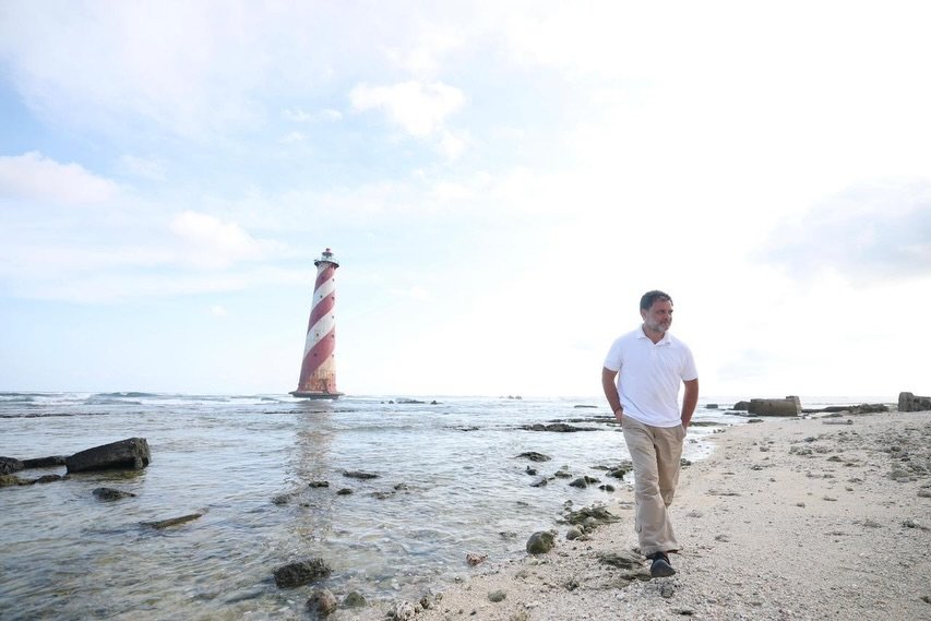 Photo shared by Rahul Gandhi on April 28, 2026 tagging @incindia, and @bharatjodo. May be an image of ocean, coast, lighthouse and text.