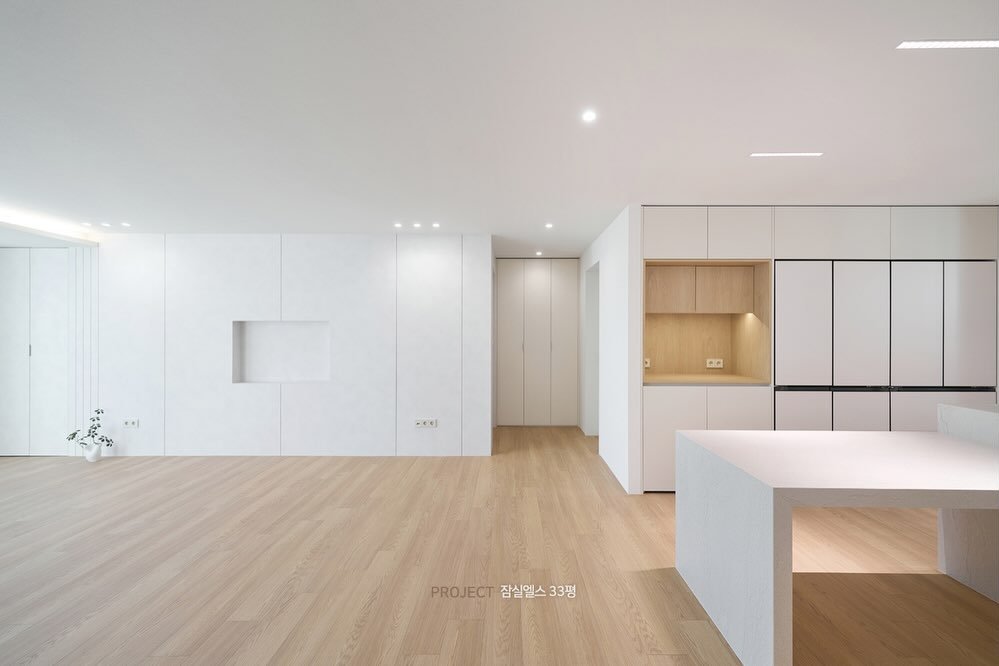 Photo by 레인보우디자인 | 강남인테리어 | 아파트인테리어 | 하이엔드인테리어 on April 24, 2026. May be an image of lighting, furniture, sliding door, indoors, kitchen and text.