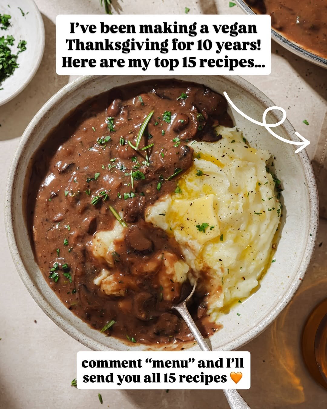 Photo by Nisha Vora | Vegan Recipes on November 11, 2025. May be an image of lentils, mashed potatoes and text that says '' been makinga a vegan Thanksgiving for 10 years! Here are my top 15 recipes... comment "menu" and 'H send you all 15 recipes'.