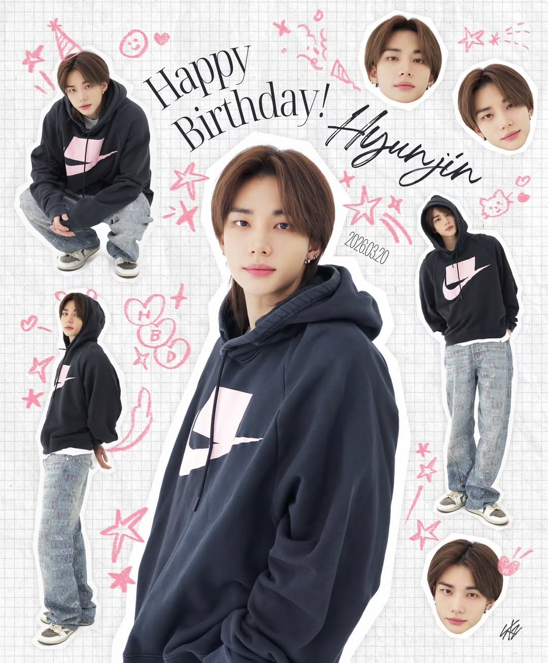 Photo shared by Stray Kids on March 19, 2026 tagging @hynjinnnn. May be an image of text that says '文紅 Happy Birthday! A 千 Aijunytn 太 202603.20 ヤ *'.