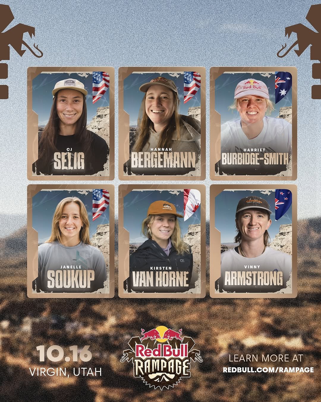 Photo shared by Red Bull Bike on August 12, 2025 tagging @hannahbergemann, @haznationbikes, @cj.selig, @vinnysarmstrong, @kirsten.vh, @janellebikes, and @redbullusa. May be an image of 6 people, people playing softball, poster, magazine and text that says 'Rod Bun SELIG CJ HAHИAH BERGEMANN HARRIET ET HARR BURBIDGE-SMITH SMITH BURBIDGE ฟ JAN JANELL SOUKUP KIRSTEN VAN ANHORNE HORNE VINNY ARMSTRONG 10.16 VIRGIN, VIRGIN,UTAH UTAH 法滿会院 मवजर RedBull RAMPAGE ح٨ LEARN MORE LEARNMOREAT AT REDBULL.COM/RAMPAGE'.