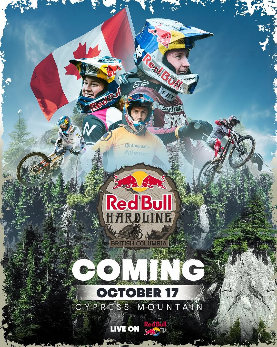 Photo shared by Red Bull Bike on April 09, 2026 tagging @gee_atherton, @redbullcanada, @cypressmtn, @jacksongoldstone, @graceyhemstreet, @fergyferg__, and @asavermette. May be an image of racing vehicles, dirt bike, poster, helmet, banner and text.
