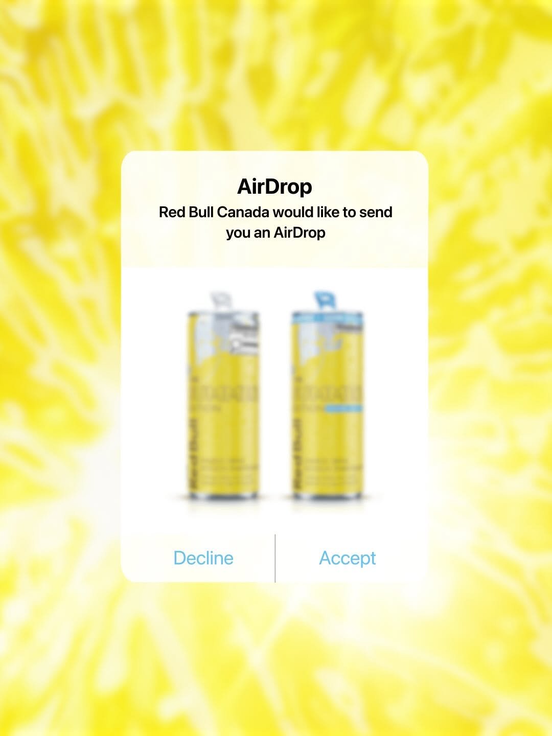 Photo by Red Bull Canada 🇨🇦 on April 24, 2026. May be an image of battery, juice, sparkling water, water bottle and text that says 'AirDrop Red Bull Canada RedBullCanada would like to send youa youanAirDrop an AirDrop Decline'.
