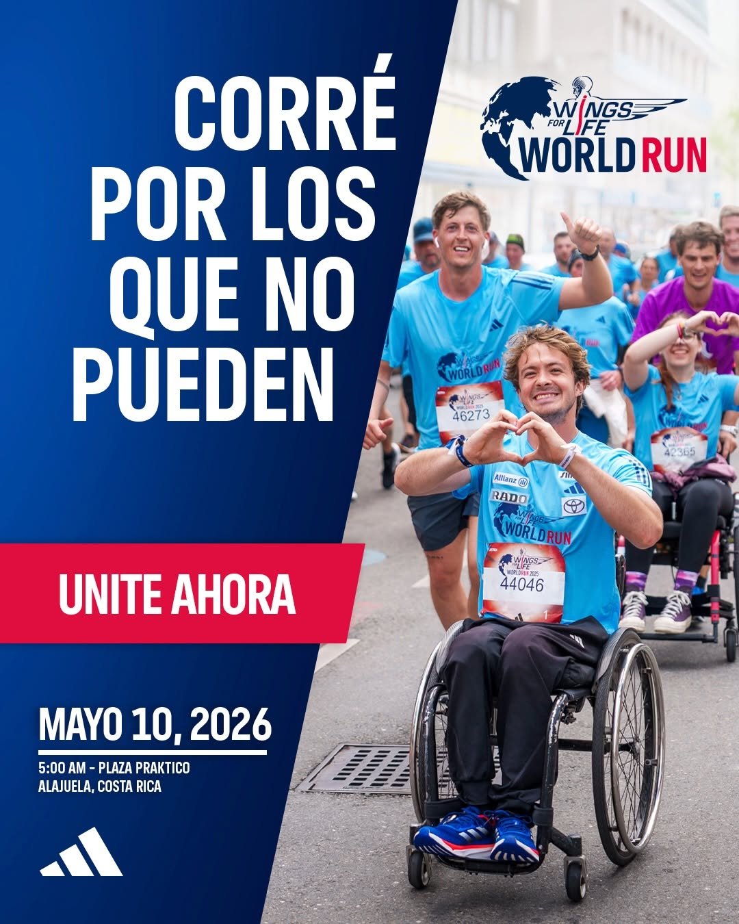 Photo by Red Bull Costa Rica 🇨🇷 on April 14, 2026. May be an image of ‎wheelchair and ‎text that says '‎ميم FORL FE NGS WNGS w WORLDRU RUN CORRÉ POR LOS QUE NO PUEDEN WORLDR ዲሞያ 46273 42365 ကီ RADO لمم WORLDRUN UNITE AHORA 画 44046 MAYO MAY010,2026 10, 2026 5:00 AM- PLAZA PRAKTICO ALAJUELA, COSTA RICA 事 याয় มกรเ 마동‎'‎‎.