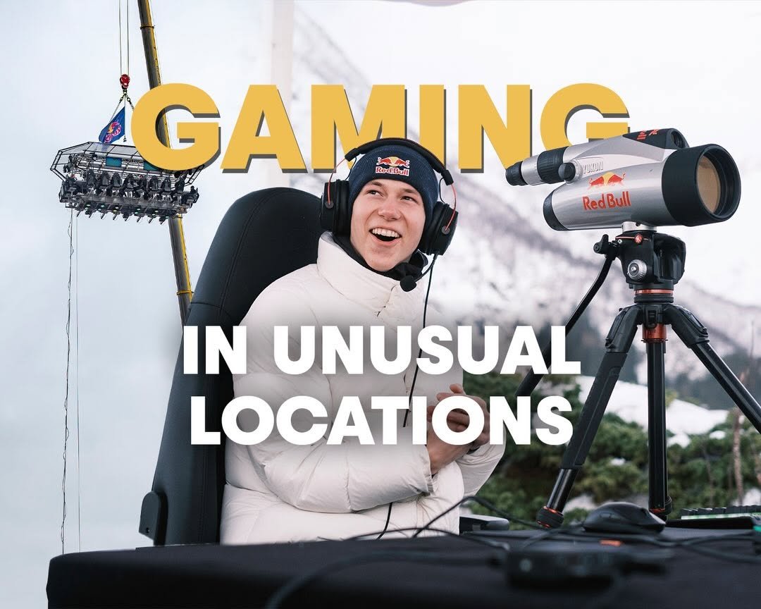 Photo by Red Bull Gaming on December 16, 2025. May be a video game screenshot of telescope, tripod, videogame controller and text that says 'GAMING VUMON Roderl RedBull IN UNUSUAL LOCATIONS'.