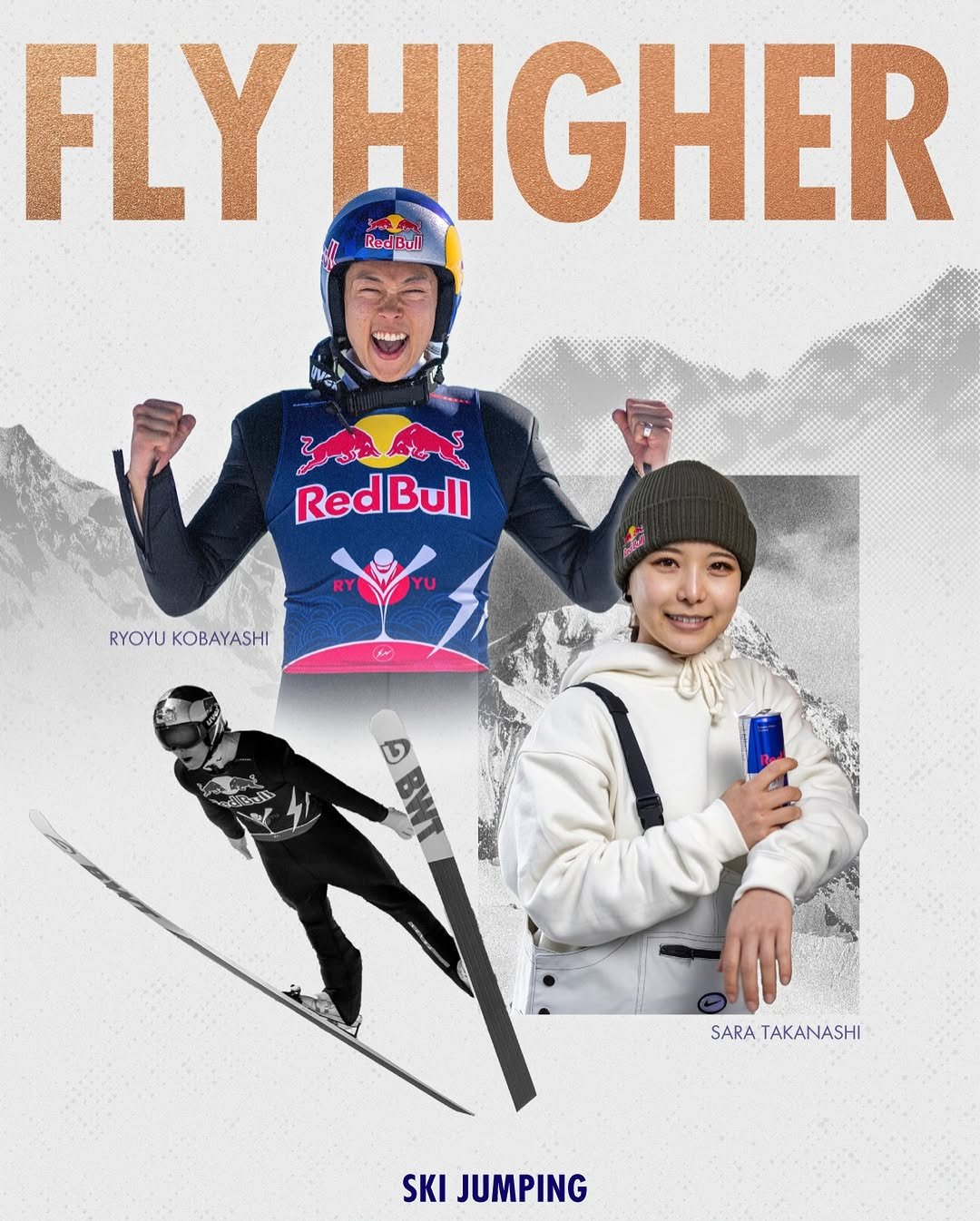 Photo shared by Red Bull Japan🇯🇵 on February 26, 2026 tagging @ryo_koba, @redbullsnow, and @sara.takanashi. May be an image of ‎snowboarding, poster, ski, ski slope and ‎text that says '‎FLY HIGHER Rod Bull مخهر Yb یج_ر RedBull RYOYU KOBAYASHI ១ E BWT SARA TAKANASHI SKI JUMPING‎'‎‎.