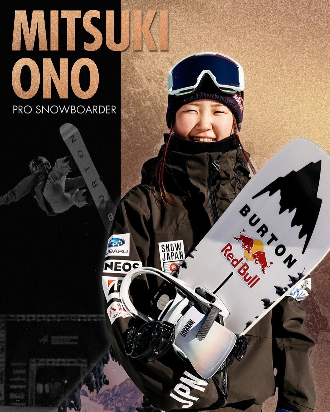 Photo shared by Red Bull Japan🇯🇵 on March 01, 2026 tagging @mitsukiono. May be an image of snowboarding, ski, poster, ski slope and text.