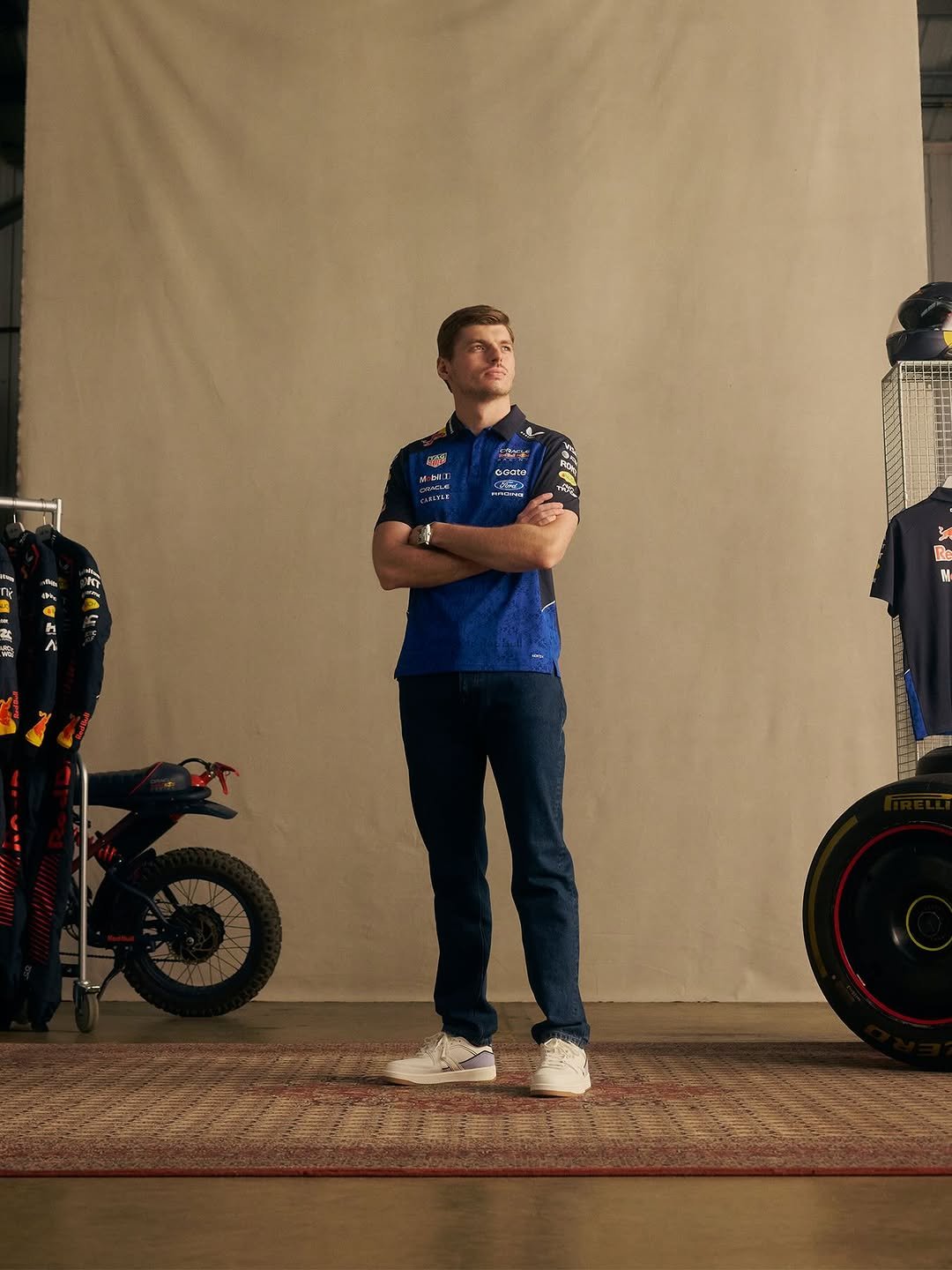 Photo shared by Oracle Red Bull Racing on January 17, 2026 tagging @maxverstappen1, @tagheuer, @apl, and @castore_sportswear. May be an image of one or more people, people racing vehicles, motorcycle, helmet, buggy and text.