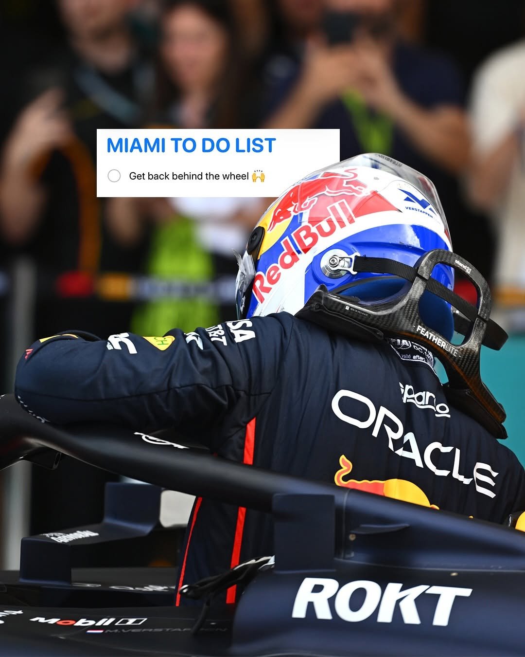 Photo shared by Oracle Red Bull Racing on April 26, 2026 tagging @maxverstappen1. May be an image of racing vehicles, helmet and text.