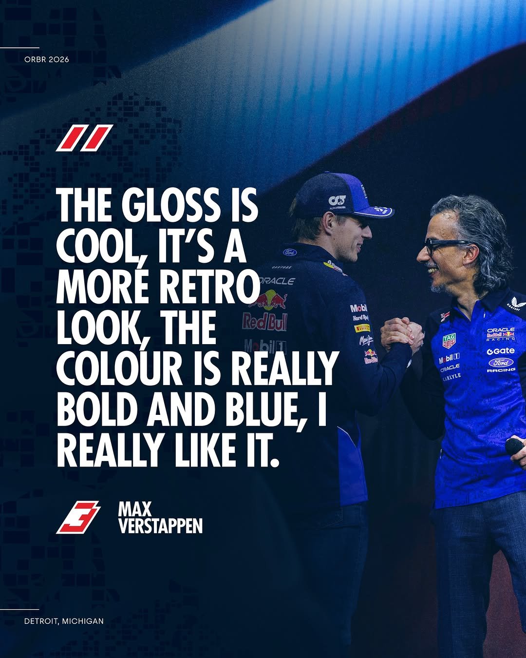 Photo by Oracle Red Bull Racing on January 18, 2026. May be an image of racing vehicles and text that says 'ORBR 2026 10 ပါ်င်းစာ M Mo 比 Hrdf THE GLOSS IS COOL, IT'S A MORÉ RETRO LOOK, THE COLOUR IS REALLY BOLD AND BLUE, REALLY LIKE IT. Mebil] ORACLE 政開 coate Goate CUEME EE UYLZ MAX VERSTAPPEN DETROIT,MICHIGAN IGAN ROIT, MICHIGAN'.